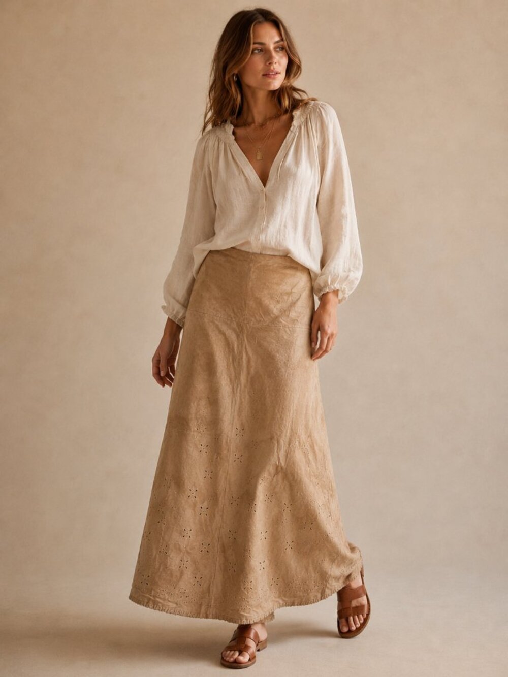 Vintage Tan Genuine Leather Maxi Skirt Boho Western Women Size 14